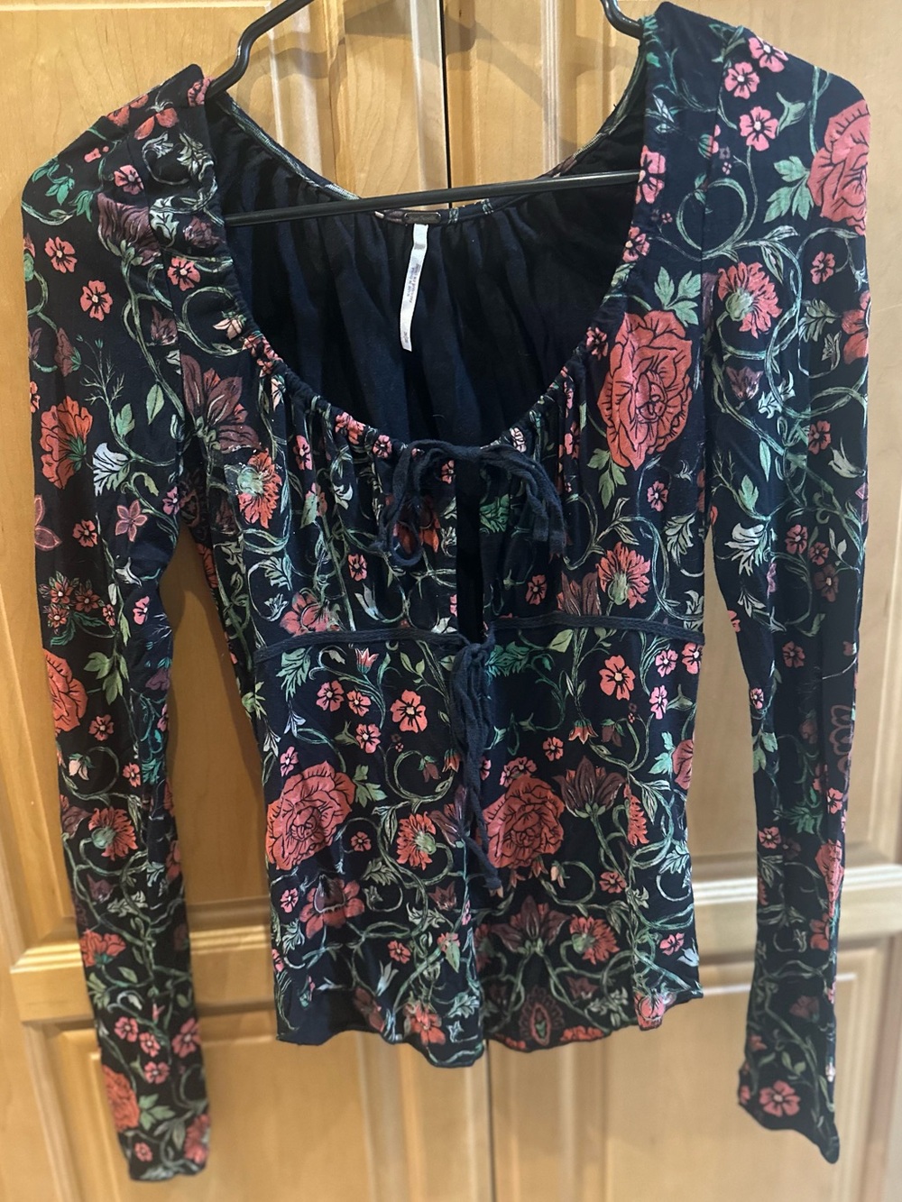Free People Black with Floral Long-Sleeve Scoop Tie Top
